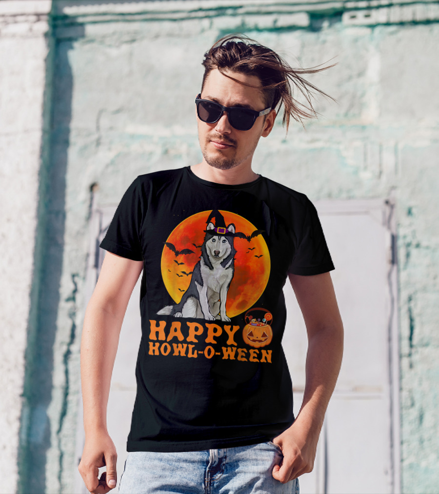 Halloween Siberian Husky Dog Happy Howl-O-Ween Pumpkin Moon Bats T-Shirt