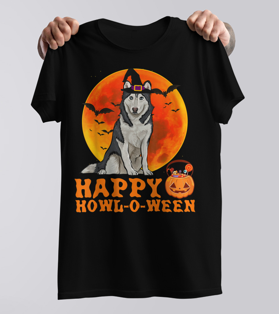 Halloween Siberian Husky Dog Happy Howl-O-Ween Pumpkin Moon Bats T-Shirt