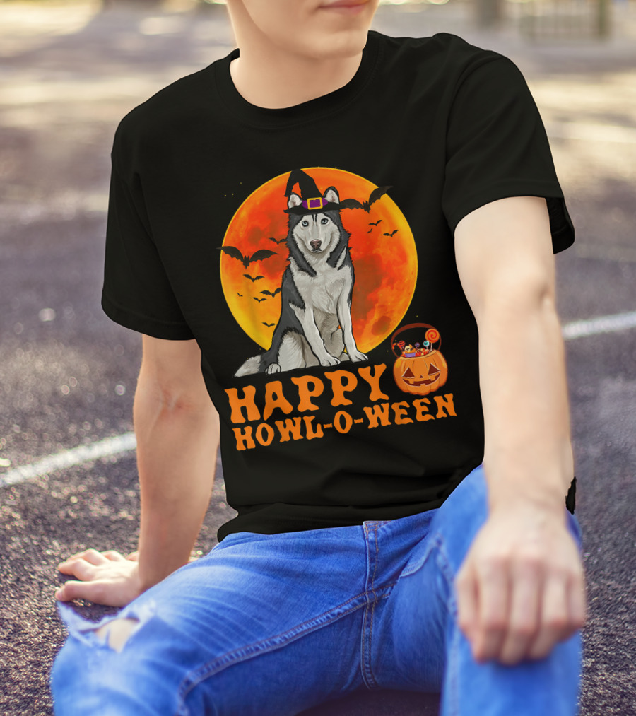 Halloween Siberian Husky Dog Happy Howl-O-Ween Pumpkin Moon Bats T-Shirt