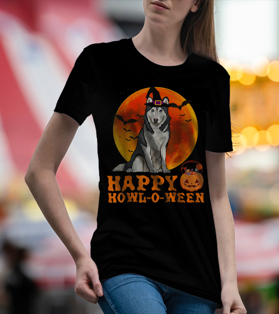 Halloween Siberian Husky Dog Happy Howl-O-Ween Pumpkin Moon Bats T-Shirt
