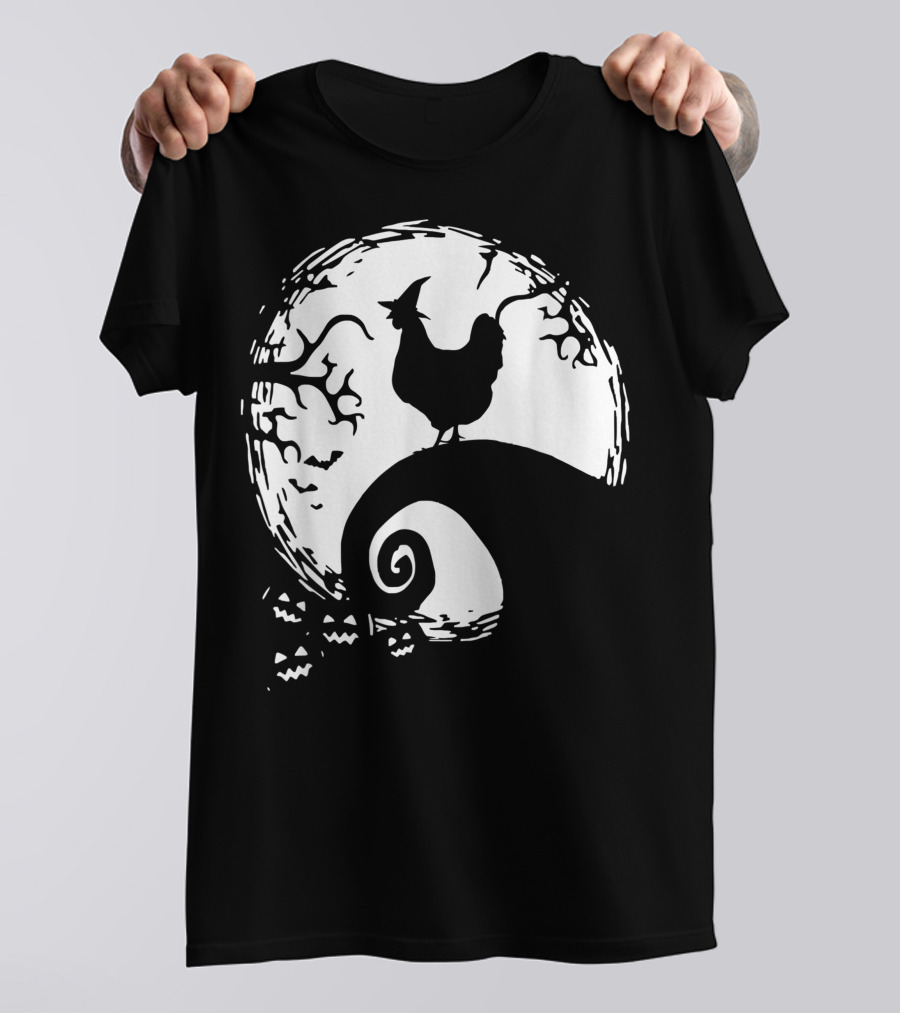 Funny Chicken Halloween Moon Pumpkin Nightmare Hill Scene T-Shirt