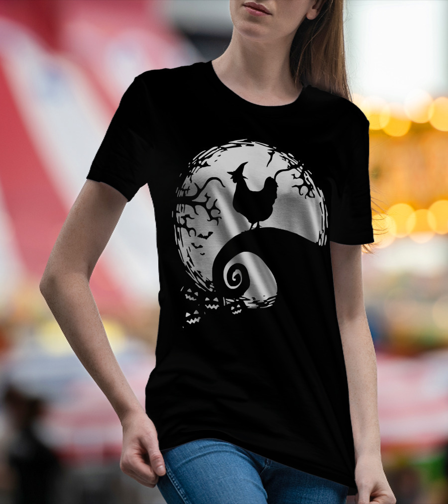 Funny Chicken Halloween Moon Pumpkin Nightmare Hill Scene T-Shirt