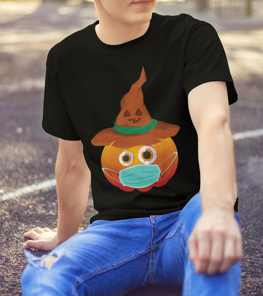 Funny Pumpkin Mask Witch Hat Costume T-Shirt