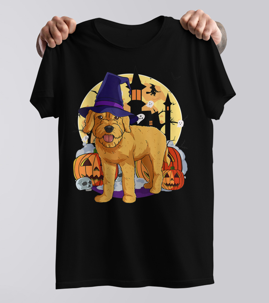 Happy Halloween Goldendoodle Dog Witch Hat Pumpkin Moon Haunted House Ghosts T-Shirt