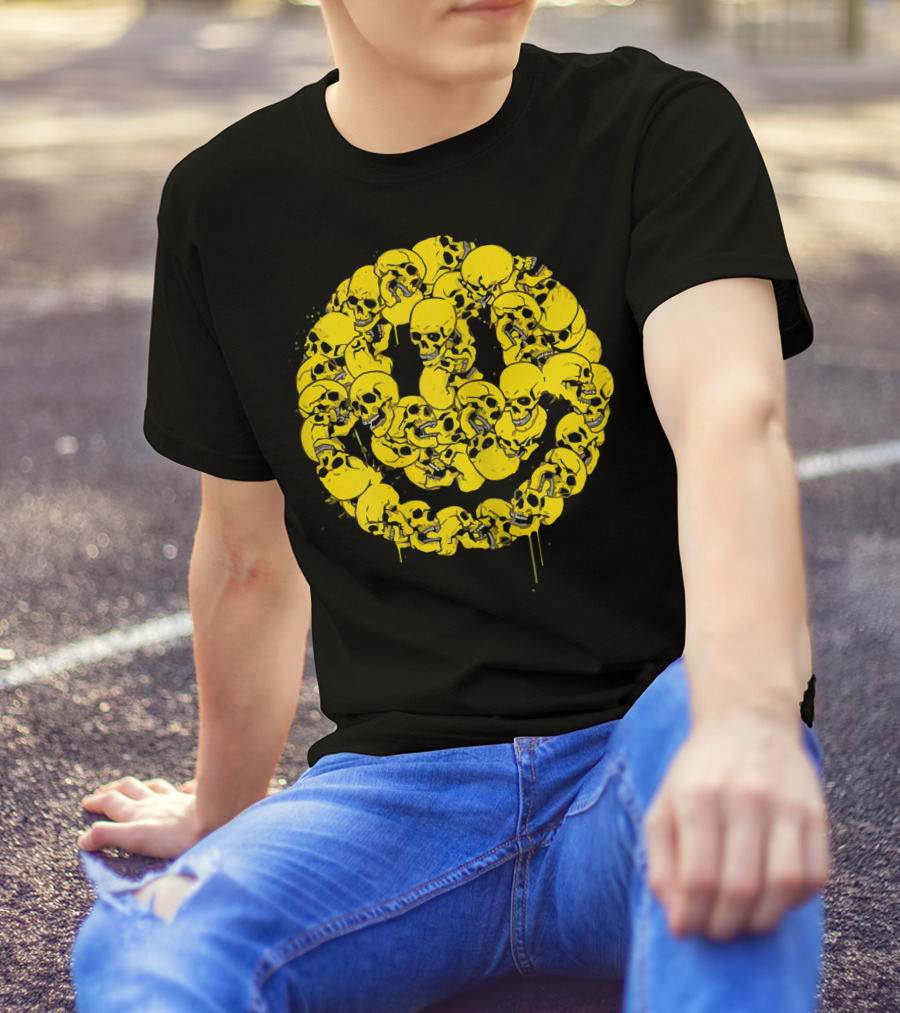 Smiley Face Skull Circle Halloween Goth Occult Scary T-Shirt