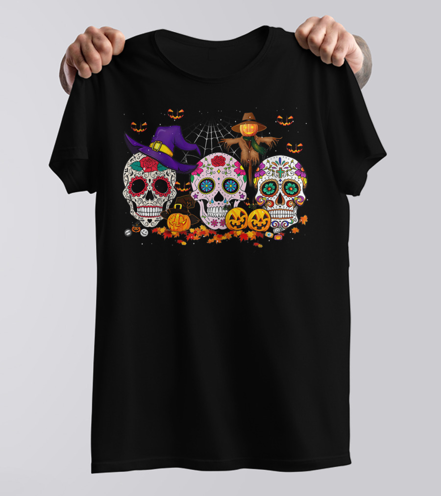 Sugar Skull Funny Halloween Pumpkin Witch Hat Autumn T-Shirt