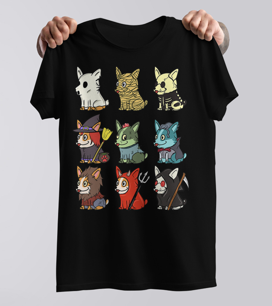 Corgi In Scary Ghost, Mummy, Skeleton, Witch, Zombie, Vampire, Werewolf, Devil, And Grim Reaper Costumes Funny Dog T-Shirt