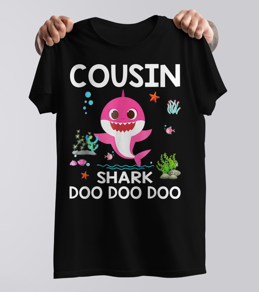 Cousin Shark Doo Doo Doo Funny Cousin Best Birthday With Underwater Sea Creatures And Pink Shark T-Shirt