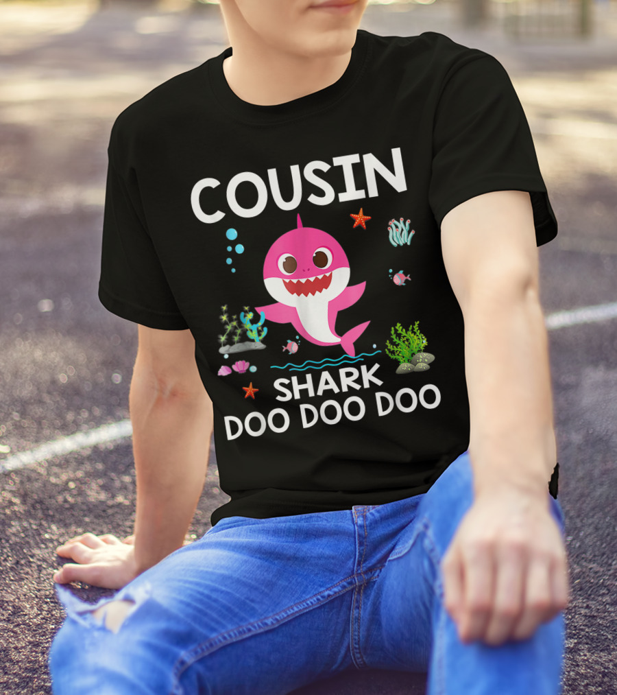 Cousin Shark Doo Doo Doo Funny Cousin Best Birthday With Underwater Sea Creatures And Pink Shark T-Shirt