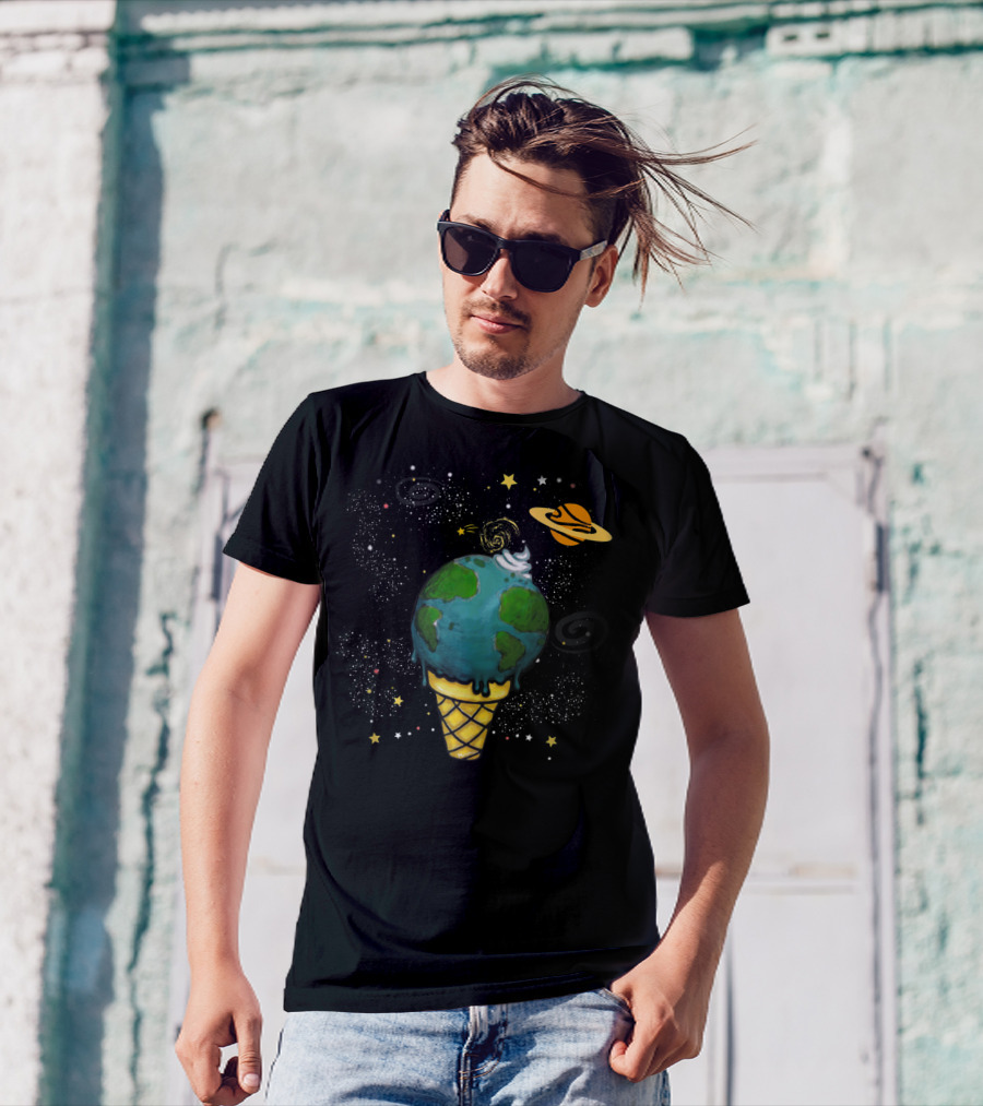 Funny Space Galaxy Earth Saturn Planets In Ice Cream Cone T-Shirt