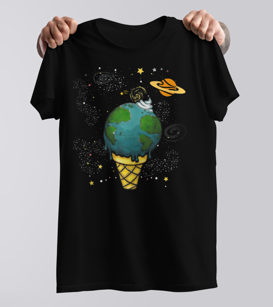 Funny Space Galaxy Earth Saturn Planets In Ice Cream Cone T-Shirt