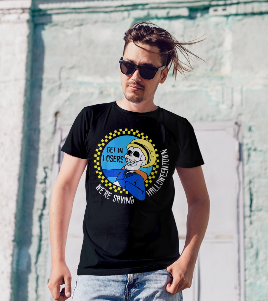 Get In Losers Skull Drive We're Saving Halloween Town Checker Circle Blue Background T-Shirt
