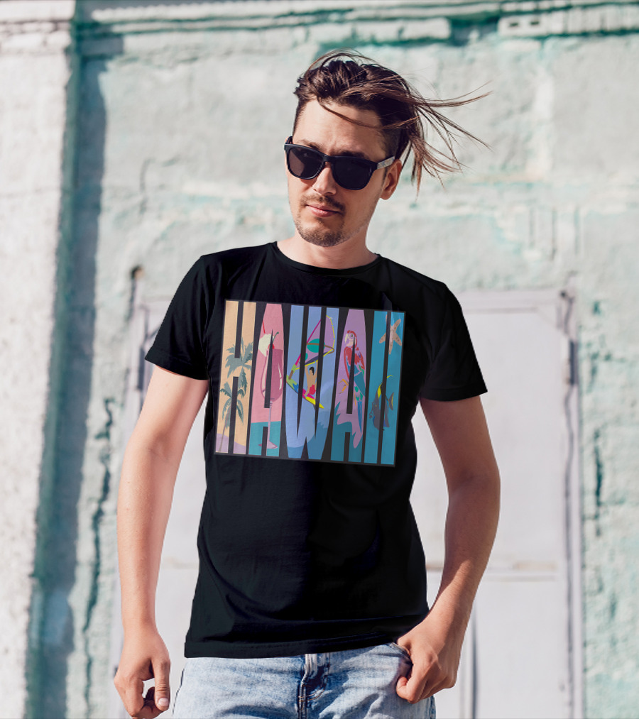 Hawaii Aloha Pearl Island Surf Sand State Floral Fish Tropical Parrot And Starfish T-Shirt