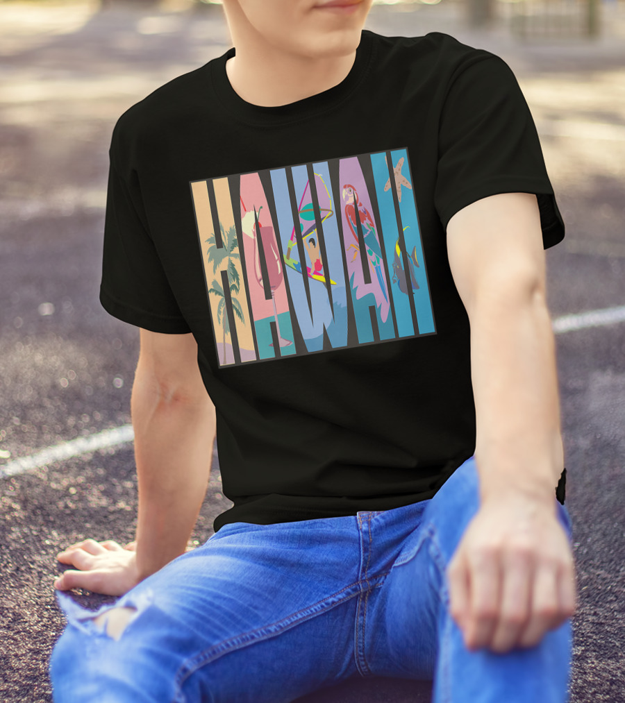 Hawaii Aloha Pearl Island Surf Sand State Floral Fish Tropical Parrot And Starfish T-Shirt