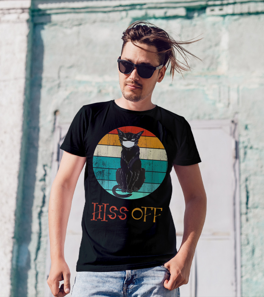 Hiss Off Black Kitty With Mask And Retro Stripes T-Shirt