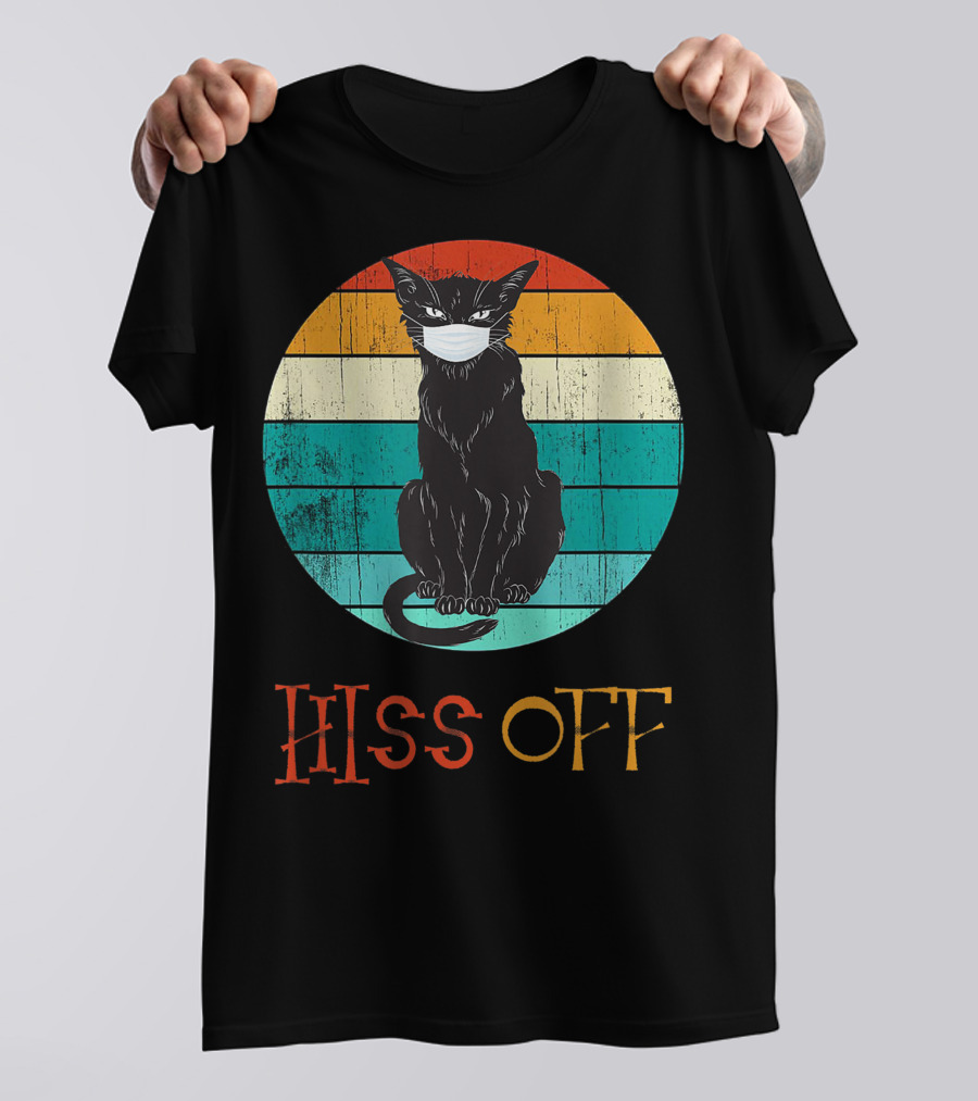 Hiss Off Black Kitty With Mask And Retro Stripes T-Shirt