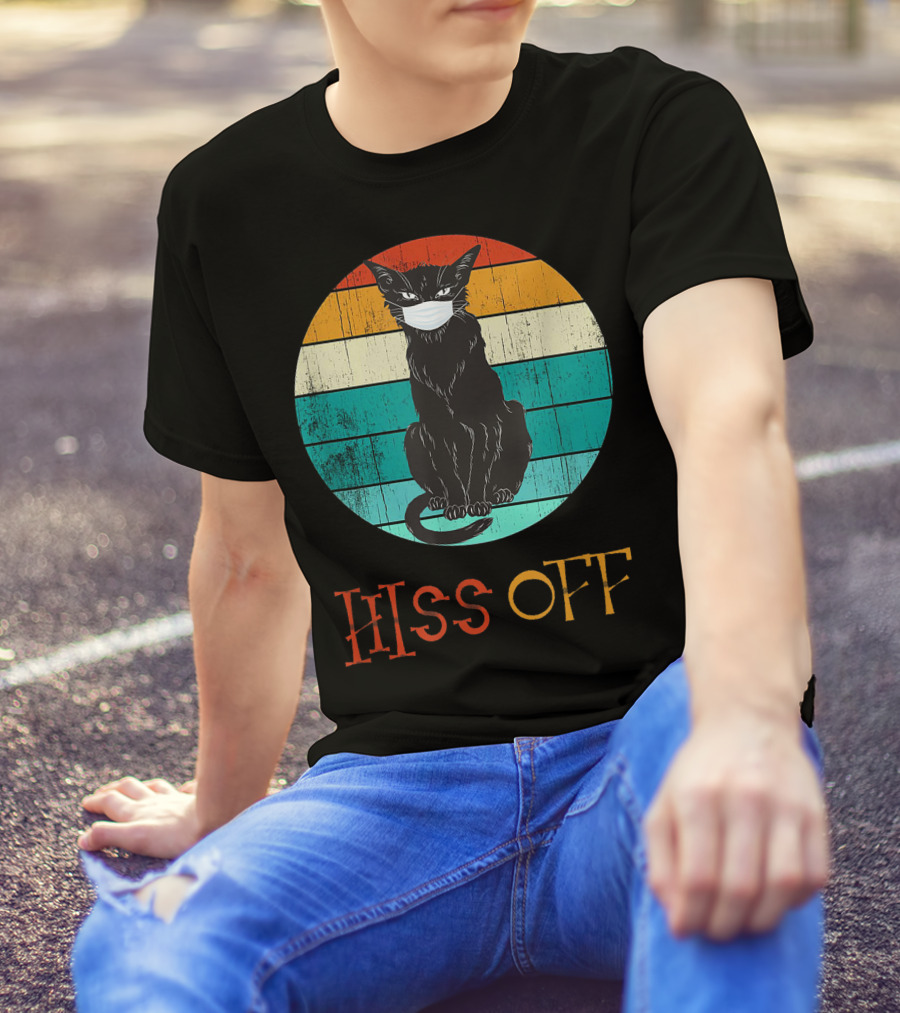 Hiss Off Black Kitty With Mask And Retro Stripes T-Shirt