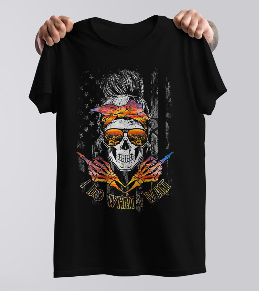 I Do What I Want Skull With Bandana And Sunglasses Against American Flag With Sunset Beach Reflections T-Shirt