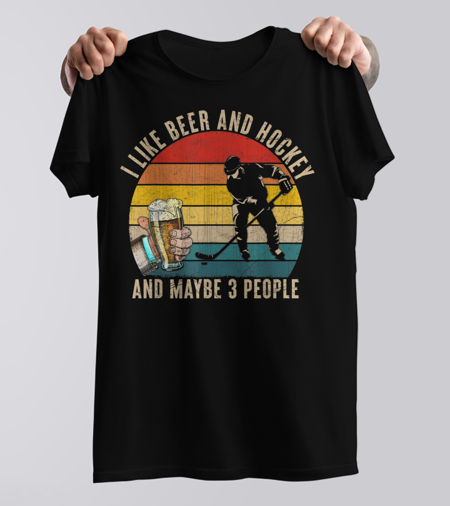 I Like Beer And Hockey And Maybe 3 People Vintage Retro T-Shirt