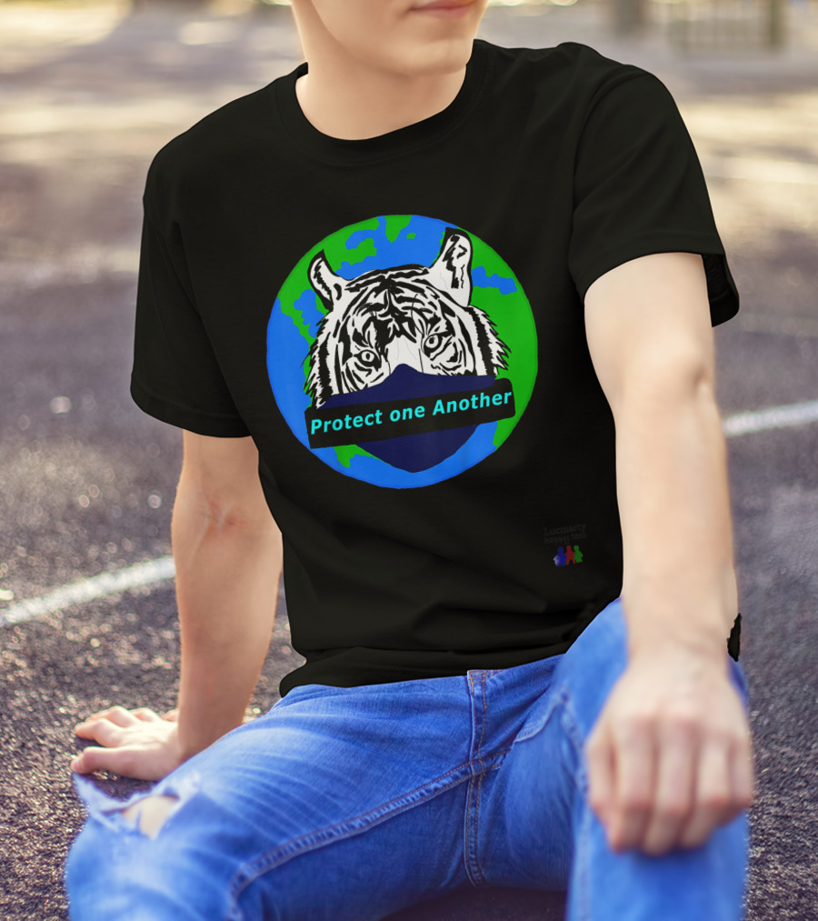 Lucmarty Protect One Another Tiger Wearing Face Mask Over Earth T-Shirt