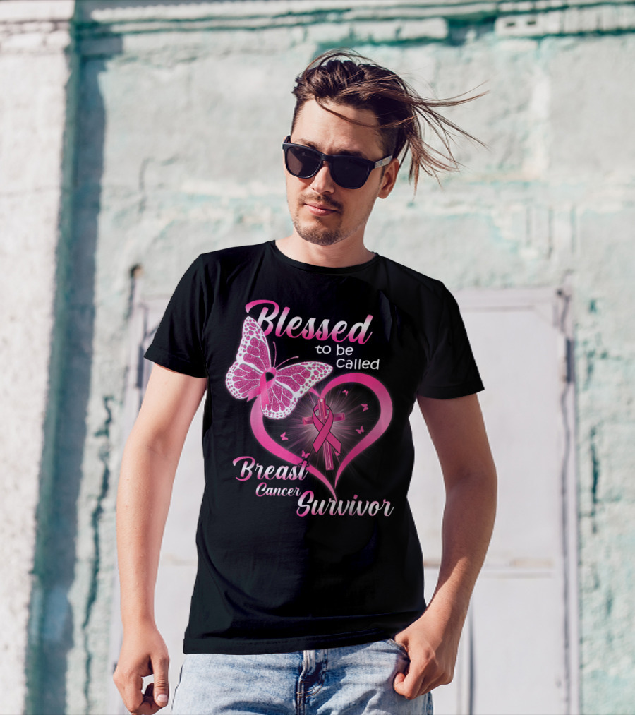 Blessed To Be Called Breast Cancer Survivor Pink Butterfly And Ribbon Heart T-Shirt