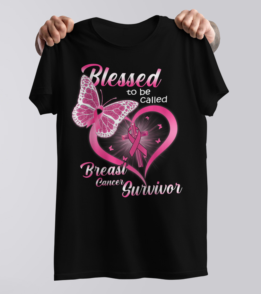Blessed To Be Called Breast Cancer Survivor Pink Butterfly And Ribbon Heart T-Shirt
