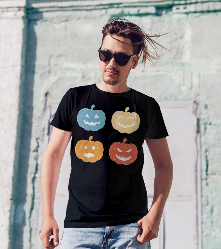 Vintage Halloween Colorful Pumpkin Faces T-Shirt