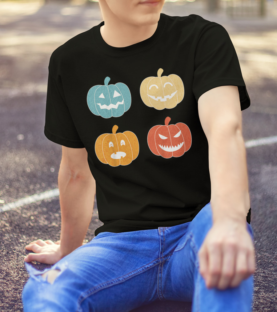 Vintage Halloween Colorful Pumpkin Faces T-Shirt