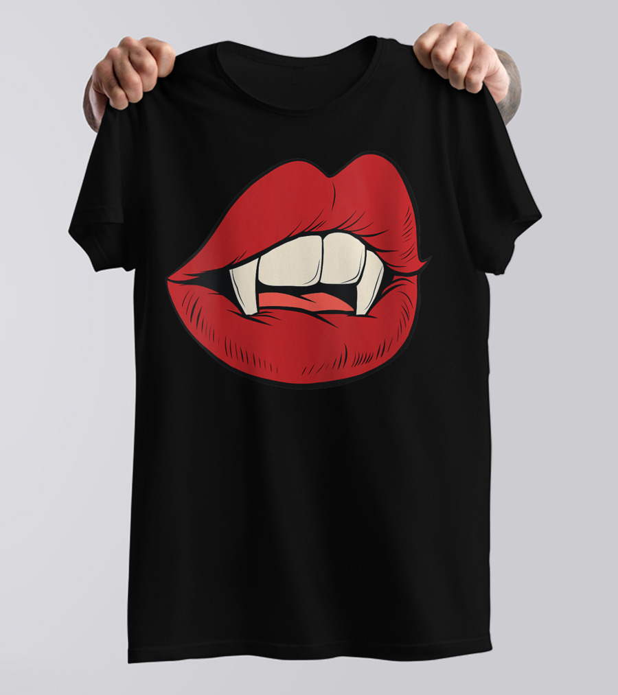 Women Vampire Kiss Halloween Rock Punk Goth Lips Fangs T-Shirt