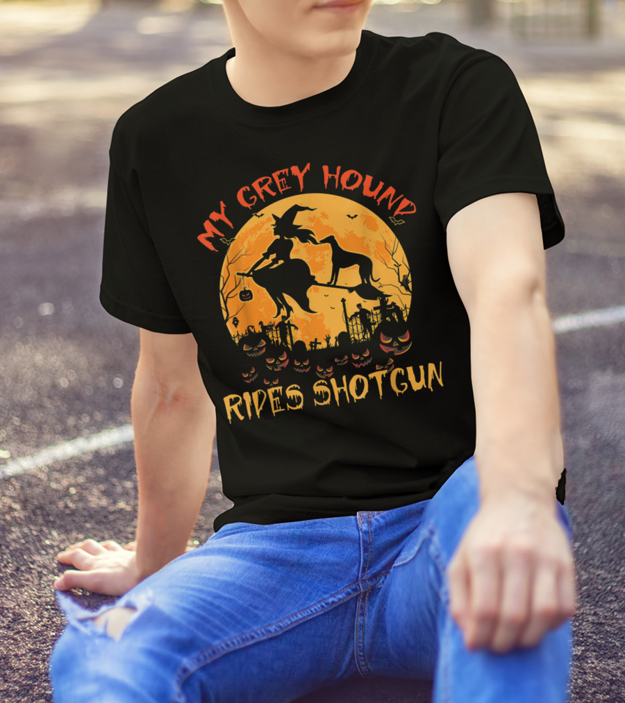 My Greyhound Rides Shotgun Witch Halloween Moon Pumpkins T-Shirt