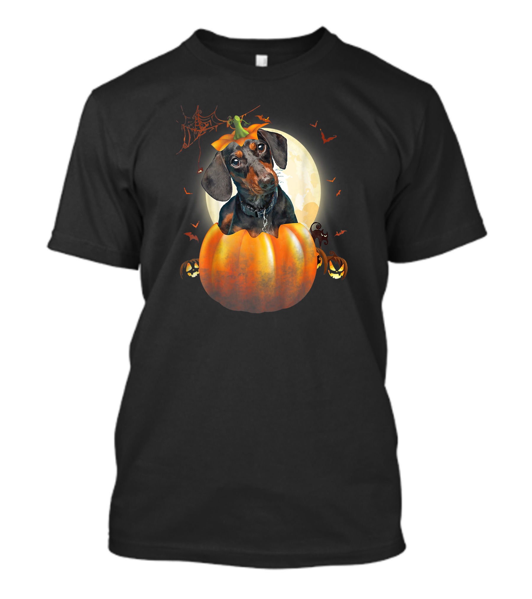 Halloween Funny Dachshund Pumpkin Moon Bats Spiderweb T-Shirt
