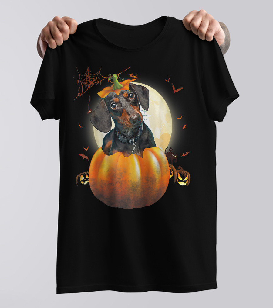 Halloween Funny Dachshund Pumpkin Moon Bats Spiderweb T-Shirt
