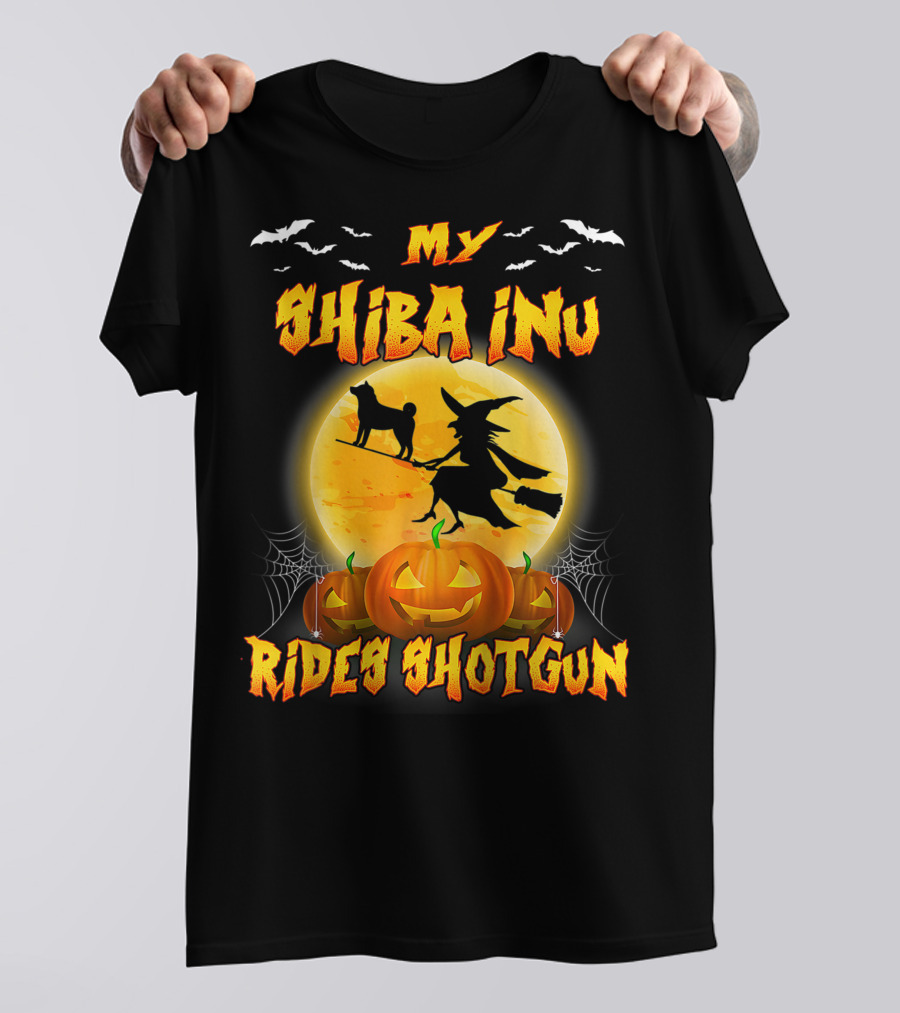 My Shiba Inu Rides Shotgun Halloween Moon Witch Pumpkins T-Shirt