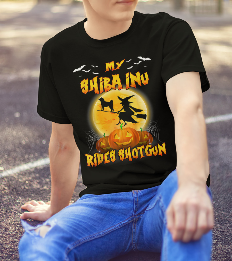 My Shiba Inu Rides Shotgun Halloween Moon Witch Pumpkins T-Shirt