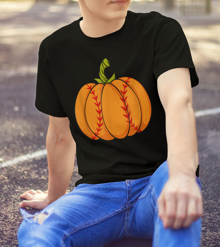 Thanksgiving Baseball Halloween Pumpkin Boys Pitcher Catcher Colorful Stitched T-Shirt