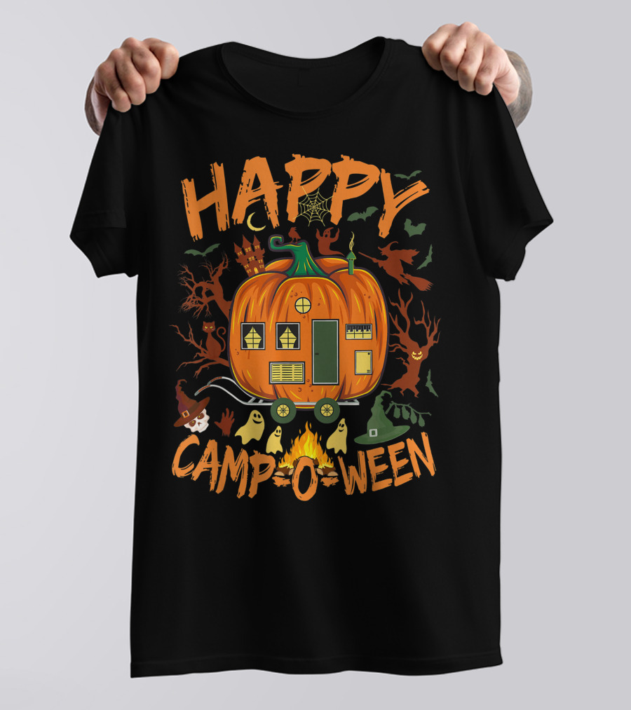 Happy Camp O Ween Halloween Camping Camper With Pumpkin, Ghosts, And Witch Hat T-Shirt