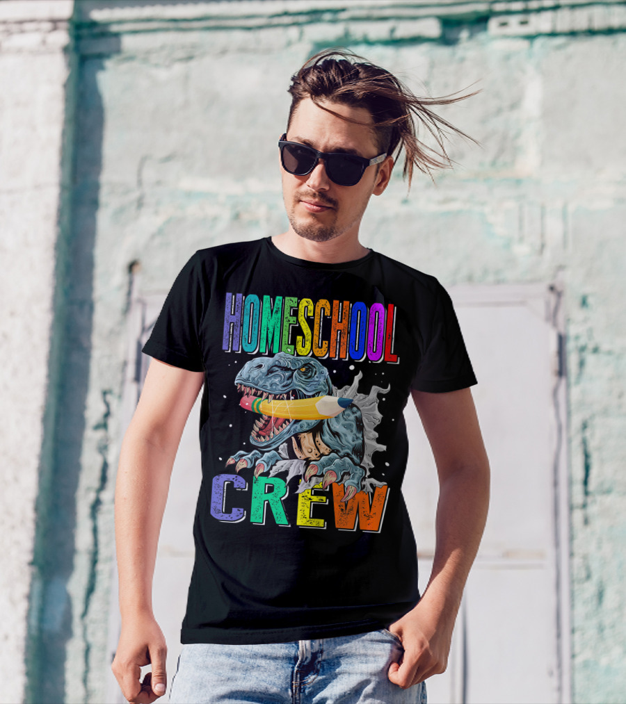 Homeschool Crew Dinosaur Funny Back To School Rainbow Colorful Pencil T-Rex T-Shirt