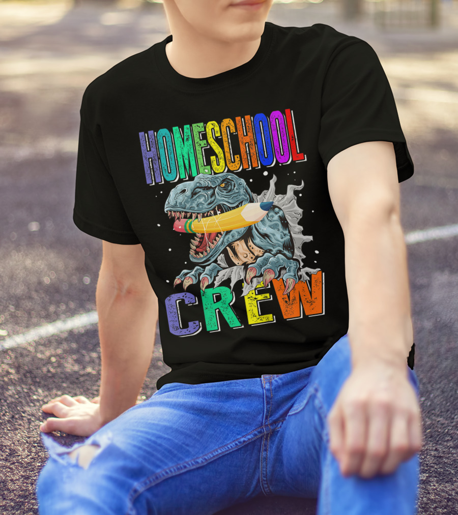 Homeschool Crew Dinosaur Funny Back To School Rainbow Colorful Pencil T-Rex T-Shirt