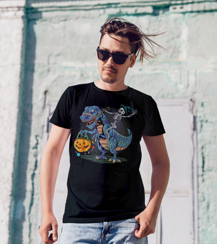 Skeleton With Candy Pumpkin Riding Rex Halloween T-Shirt