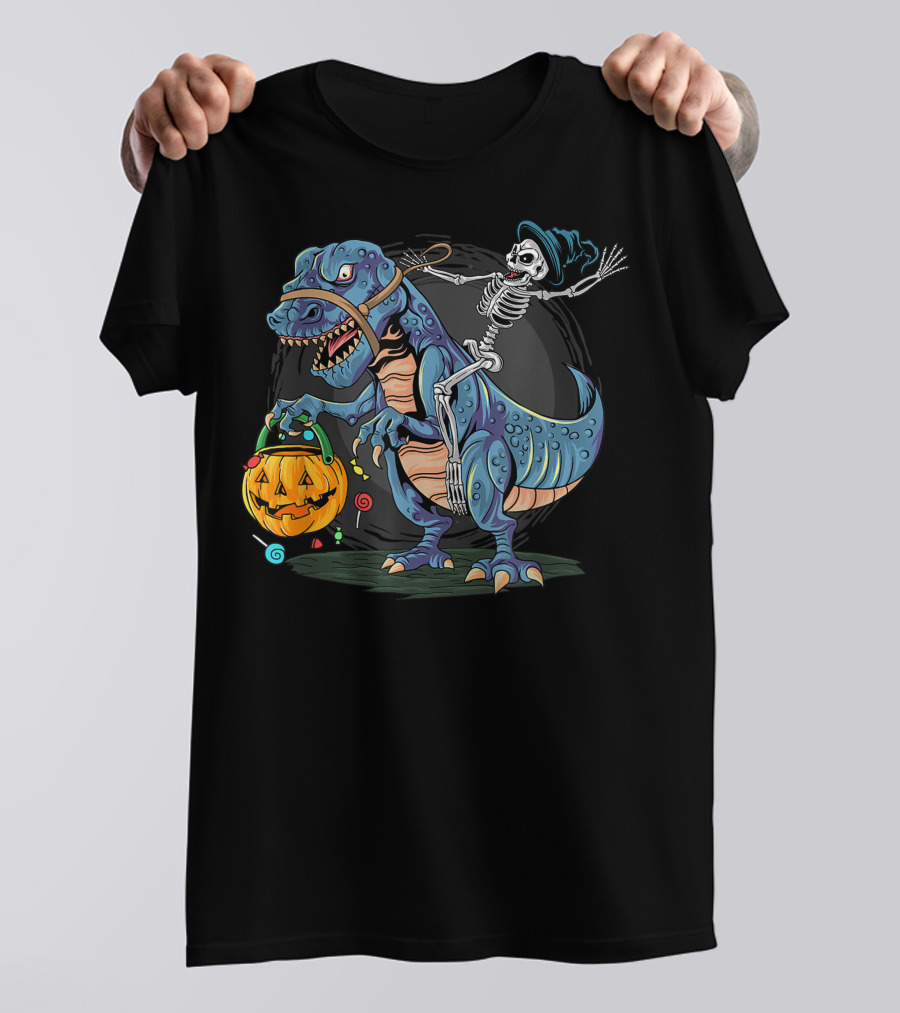 Skeleton With Candy Pumpkin Riding Rex Halloween T-Shirt