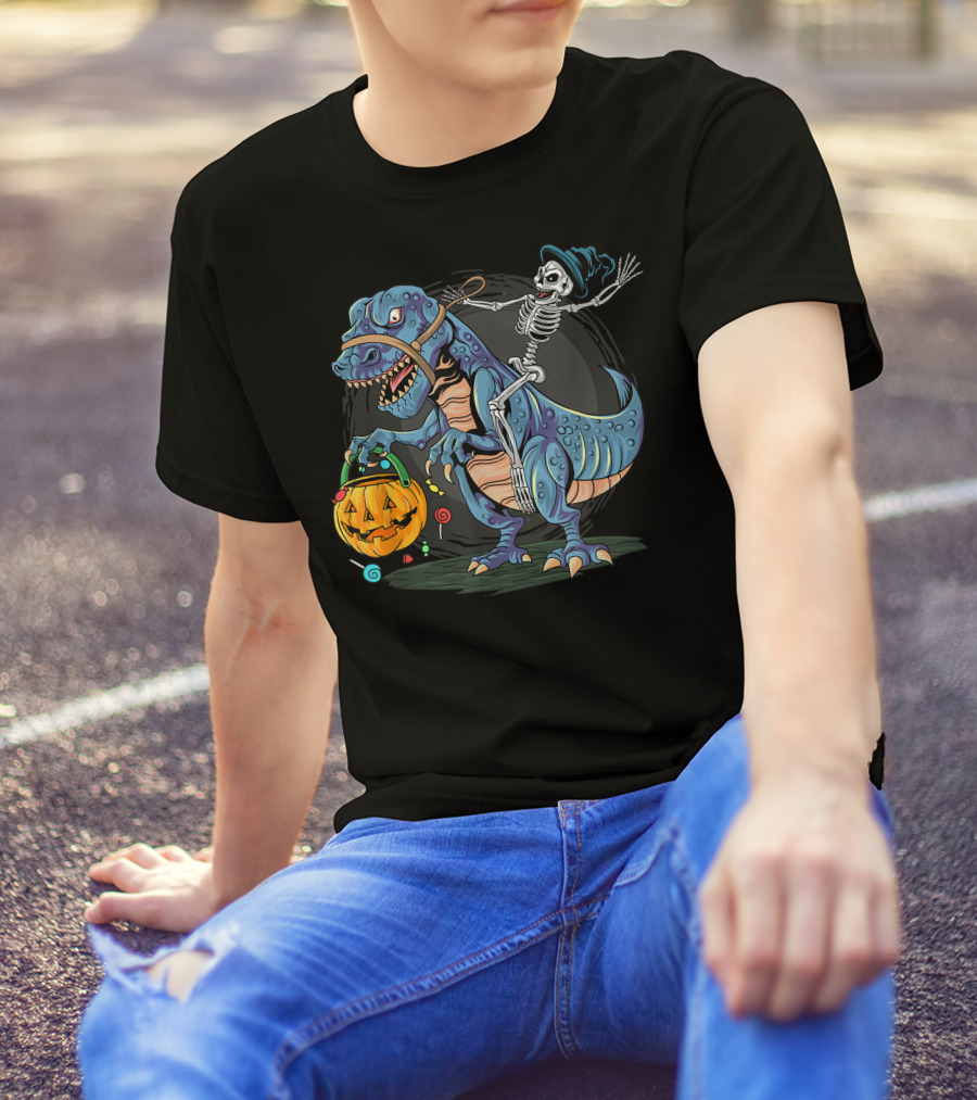Skeleton With Candy Pumpkin Riding Rex Halloween T-Shirt