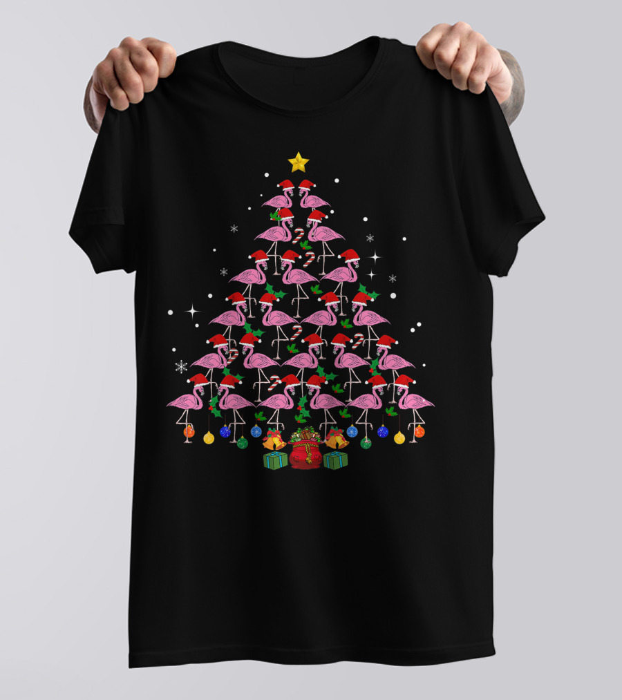 Funny Flamingo Santa Hat Christmas Tree With Presents For Girl T-Shirt