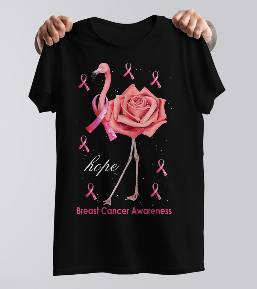 Hope Flamingo Breast Cancer Awareness Pink Ribbon Flower T-Shirt
