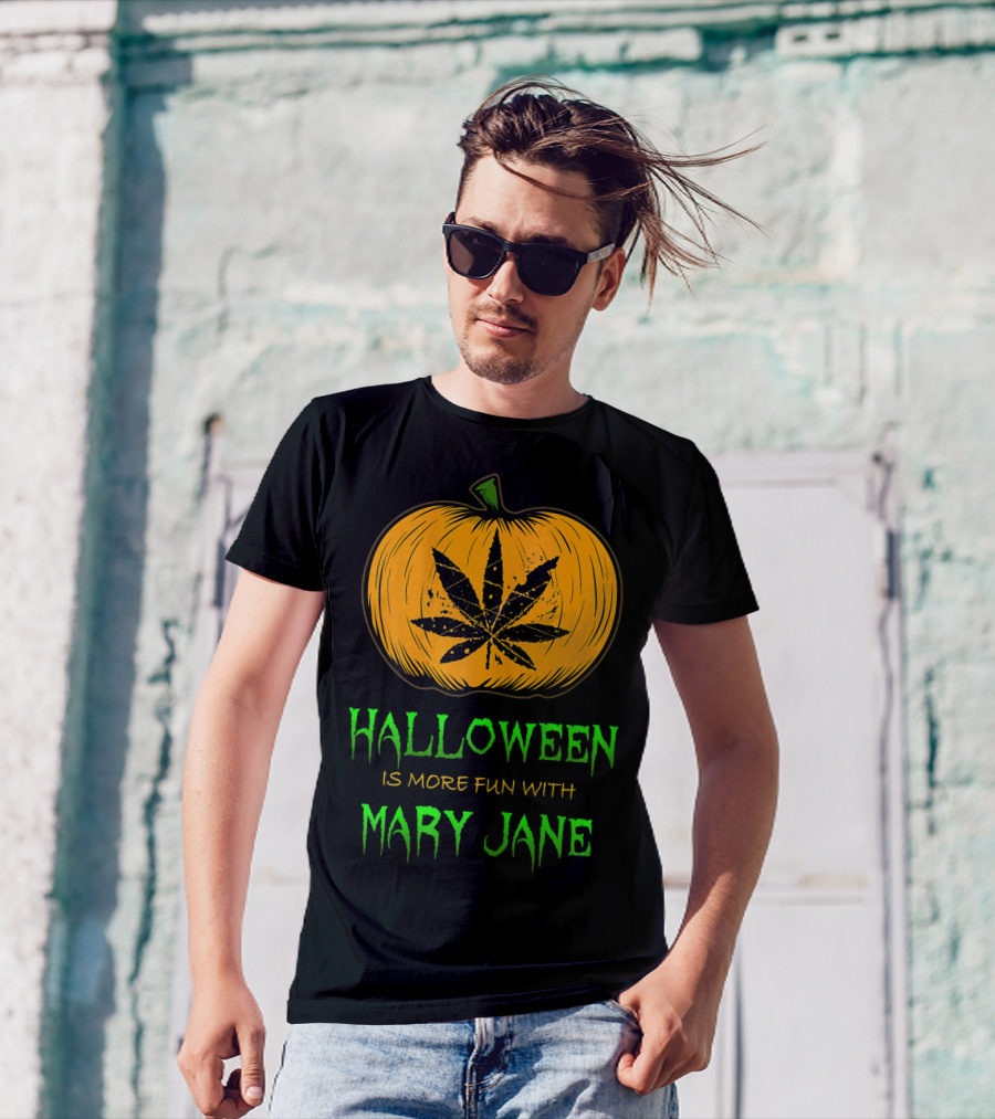 Halloween Is More Fun With Mary Jane Pumpkin Weed Leaf T-Shirt