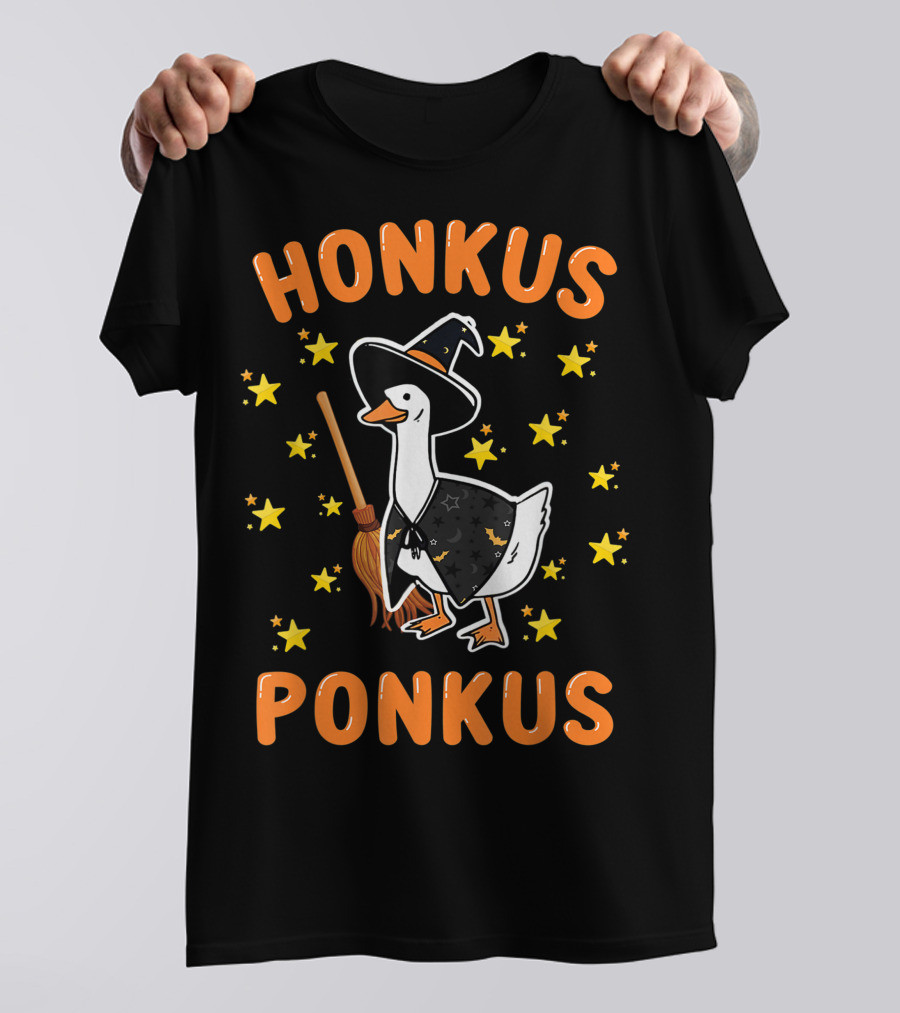 Honkus Ponkus Witch Goose Halloween Magic Stars Broom T-Shirt