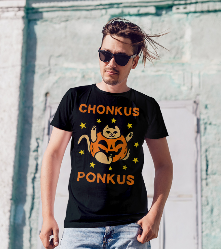 Chonkus Ponkus Funny Halloween Pumpkin Chubby Cat With Stars T-Shirt