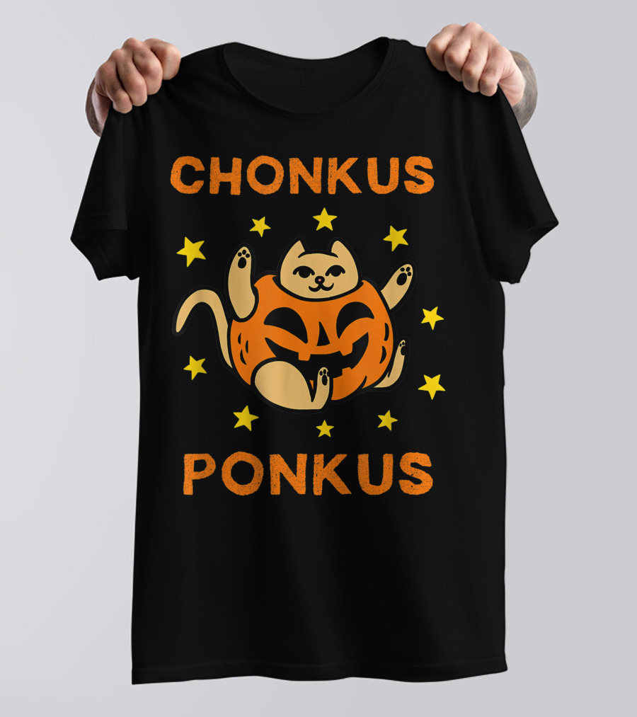 Chonkus Ponkus Funny Halloween Pumpkin Chubby Cat With Stars T-Shirt