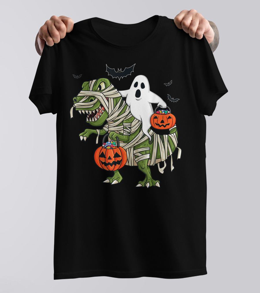 Halloween Ghost Riding Mummy Dinosaur With Pumpkins And Bats T-Shirt