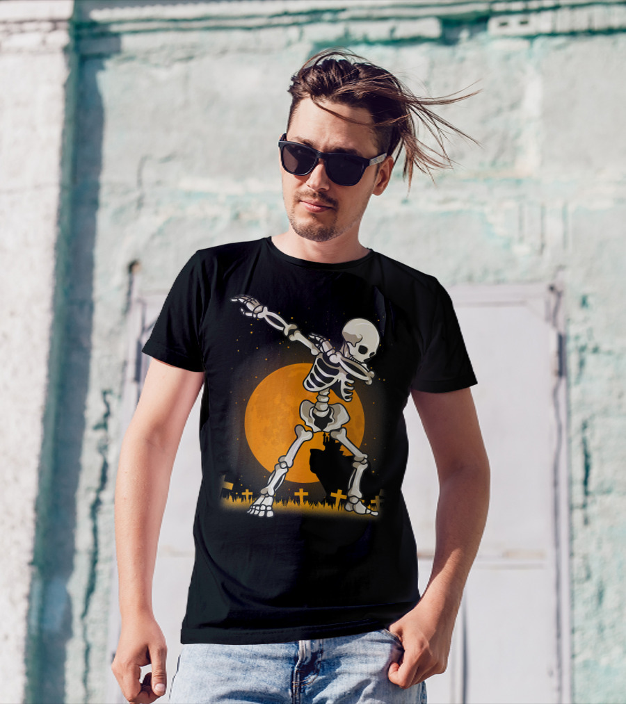 Dabbing Skeleton Dab Best Costume Halloween Moon Graveyard T-Shirt