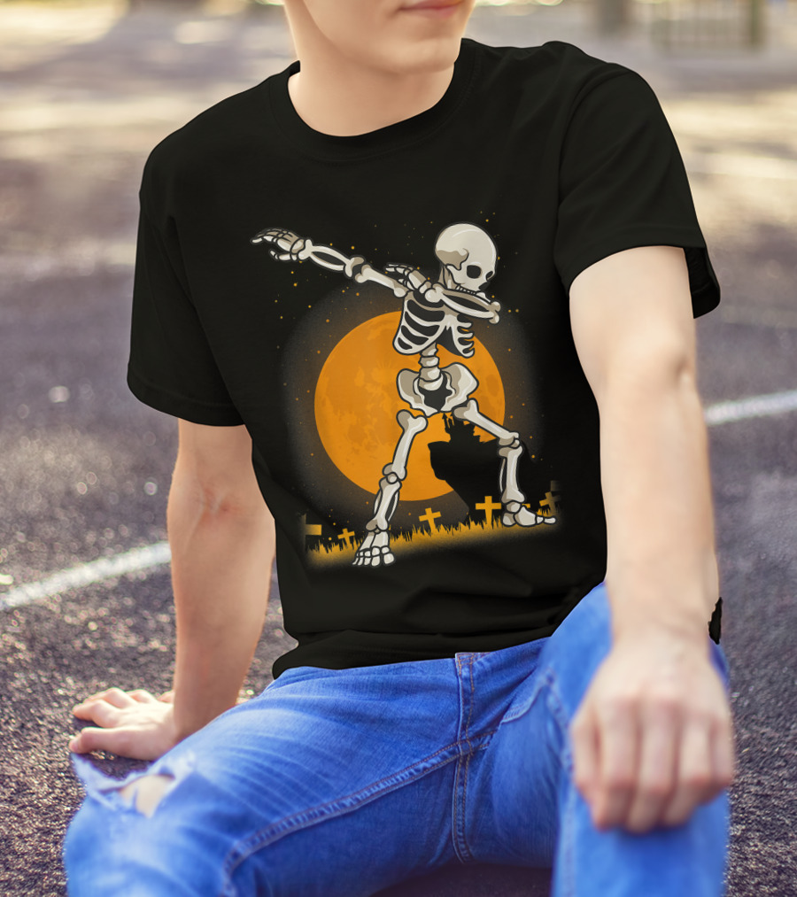 Dabbing Skeleton Dab Best Costume Halloween Moon Graveyard T-Shirt